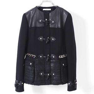 4-ZB002【美品】ジバンシー GIVENCHY ウール レザーディテール チェーン ジャケット ブラック 36 レディース