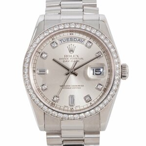 【1年間保証】ROLEX ロレックス デイデイト 118346 Pt950 プラチナ シルバー文字盤 10Pダイヤ ダイヤベゼル K番 自動巻き 腕時計 メンズ