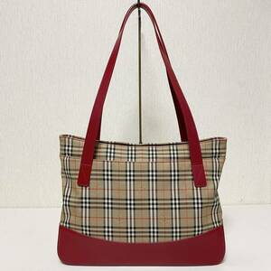 即決☆BURBERRY バーバリー ノバチェック シャドーホース トートバッグ レザー×キャンバス レッド 美品 レア 希少 ヴィンテージ