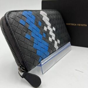 1円《入手困難》BOTTEGA VENETA ボッテガヴェネタ バイカラー 長財布 イントレチャート ジッピーウォレット レザー 本革 ブラック系 メンズ