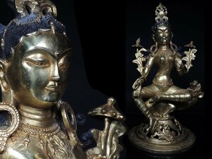 ◆古銅・鍍金仏・チベット仏・坐像・獣・獅子・ネパール・ターラ・高さ36㌢◆a294