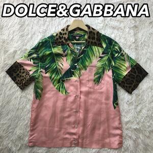 DOLCE&GABBANA ドルチェアンドガッパーナ 半袖シャツ カットソー レディース 女性 総柄 パームプリント ヒョウ シルク 38 ピンク