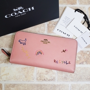 未使用 コーチ COACH 刺繍 レザー ラウンドジッパー 長財布 ピンク ウォレット 