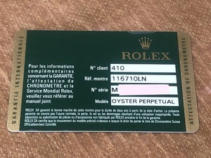 ロレックス GMTマスター2 116710 純正 ギャランティ ワランティ 国際保証書 カード 正規品 時計 付属品 非売品 ROLEX SUBMARINER 廃番品