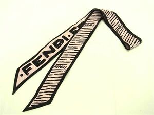 1円 ■美品■ FENDI フェンディ ラッピー リボンスカーフ ツイリー レディース ブラック系×ピンク系 FA6787