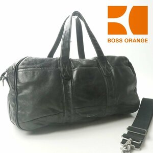 美品 HUGO BOSS ヒューゴボス オレンジ BOSS ORANGE 牛革 オールレザー 2Way ボストンバッグ 黒 ブラック【参考価格￥86,680-】