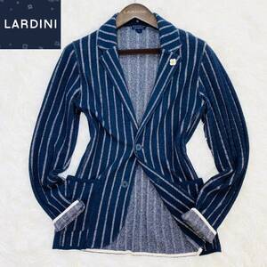 イタリア製【超美品】ラルディーニ LARDINI 凹凸 立体ストライプ織り メランジ コットン ニット ジャケット ブラック×ブルー Sサイズ程度