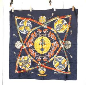 □　HERMES　エルメス　カレ90　大判スカーフ　DAIMYO PRINCES DU SOLEIL LEVANT　大名 日出る国の皇子　ネイビー　中古品　保管品　③