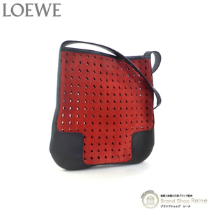 ロエベ （LOEWE） L字 パンチング スモール スエード×カーフ 肩掛け ショルダー ハンド バッグ ヴィンテージ レッド×ブラック（中古）