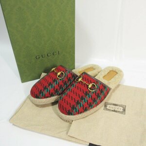 未使用 GUCCI グッチ ハウンドトゥース ツイード ホースビット ボア サンダル スリッパ 38 約25cm レッド 102