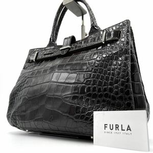 1円《 美品・最高級 》FURLA フルラ ビジネス トートバッグ メンズ クロコ型押し オールレザー PC収納◎ ユニセックス 通勤 ブラウン 茶