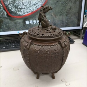 N7577【アンティーク】中国　香炉　雲透紋　銅製　茶道具