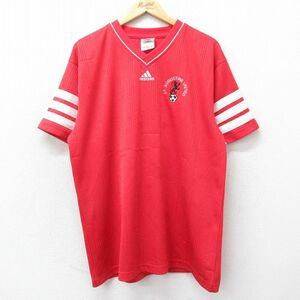 XL/古着 アディダス adidas 半袖 ビンテージ Tシャツ メンズ 90s ワンポイントロゴ サッカー 大きいサイズ Vネック 赤 レッド 3本ライン 24