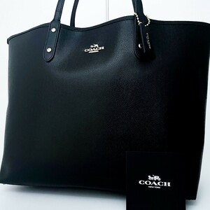 1円〜■超美品■COACH コーチ リバーシブル ロゴ チャーム トートバッグ ビジネス 大容量 A4 レディース メンズ レザー ブラック 黒