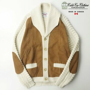 【70年代 ヴィンテージ】美品 カナダ製 CABLE CAR CLOTHIERS 牛革 スエードレザー切替 ショールカラー ハンティング ニットカーディガン XL