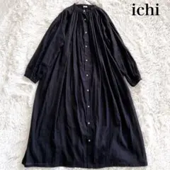 ichi ボリュームピンタックシャツワンピース バンドカラー リネン 黒