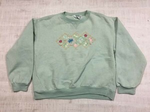 BASIC EDITIONS アメカジ ユーズド 90s オールド レトロ 古着 カワイイ ファンシー お花 刺繍 スウェット トレーナー レディース L 緑