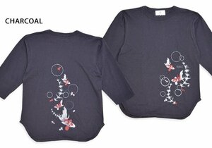 金魚に水草七分袖Tシャツ◆喜人 チャコールLサイズ KJ-42005 和柄 和風 きんとと 七部 半端袖 きじん