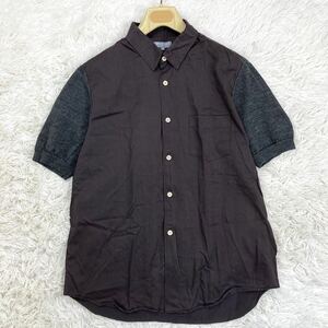 美品 AD2002 田中オム コムデギャルソンオム COMME des GARCONS HOMME クレイジー 異素材ドッキング 切替 半袖シャツ ニット袖 ブラウン系