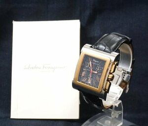 1円～ 【メンズ腕時計】Ferragamoフェラガモ クロノグラフ パラージオ F58C ブラック文字盤 スクエア デイト 