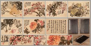 【善古堂】某有名オークション買入「呉昌碩書」中国清時代画家 紙本【花卉図・六開冊頁】肉筆保証 唐木冊頁 中国畫 中国書道0411-S15