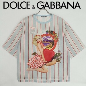 国内正規品◆DOLCE&GABBANA ドルチェ＆ガッバーナ リネン100％ ストライプ柄 キャンディーガール ビッグシルエット Tシャツ 46