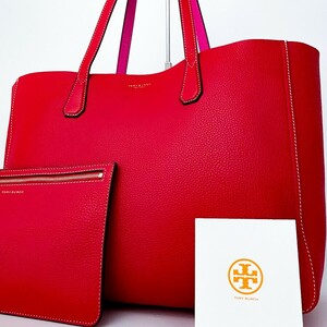 1円■未使用タグ付き■Tory Burch トリーバーチ ポーチ付 ロゴ トートバッグ ビジネス 大容量 A4 レディース メンズ レザー 希少色レッド赤