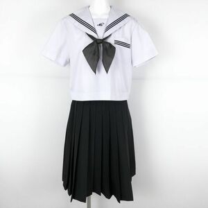 1円 セーラー服 スカート スカーフ 上下3点セット 夏物 黒3本線 女子 学生服 兵庫灘中学 白 制服 中古 ランクC NA0964