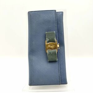 Salvatore Ferragamo サルヴァトーレフェラガモ 二つ折り 長財布 ヴァラリボン ブルー系×ゴールド W18 H9