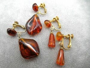 ▲▲中古品 USED 琥珀 こはく イヤリング2セット ブラウン×ゴールド Amber アンバー 総重量約10.5g▲▲