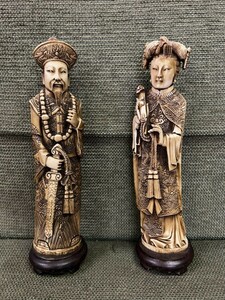 FJ0818 牙風 細密彫刻 置物 彫刻品 東洋彫刻 皇帝 皇后 縁起物 中国 古玩 古美術 仏教美術