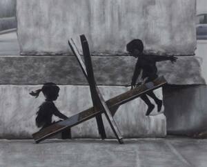 ◆Modern Art◆肉筆☆油絵☆F20号『シーソー(平等）を望む子供たちbyウクライナ』Banksy/模写☆