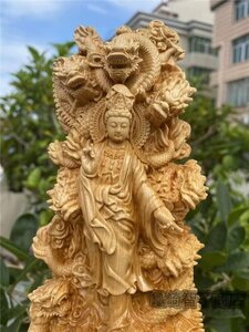 新品★仏教美術 精密細工 木彫り 黄楊木 九龍観音　仏像　置物 高さ20cm