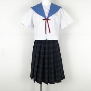 1円 セーラー服 チェックスカート 紐タイ 上下3点セット 夏物 女子 学生服 山口宇部高校 白 制服 中古 ランクC NA2547