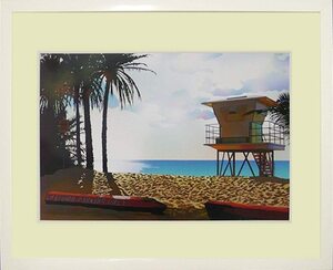【模写】 新品 鈴木英人 サンセットビーチの光 現代アート 額装付き 壁掛け 額入り 絵画 インテリア 絵 53x43cm アートポスター オフセット