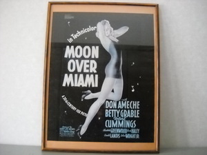 古い映画ポスター　コレクター必見　MOON OVER MIAMI　マイアミの月　アンティーク　木製額　大型　ガラスパネル