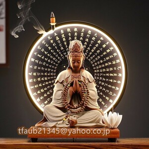 観音像　仏像 　仏教美品 　経文　香立　台座付き　LEDライト　禅の置物　逆流香 インテリア　装飾品　　仏教美術