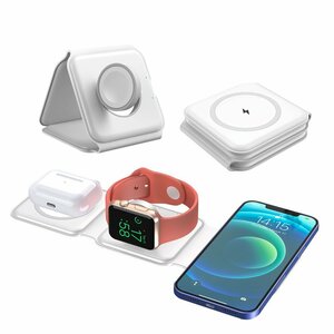 3in1 ワイヤレス充電器 急速充電 15W applewatch充電器 iphone12/13/14 applewatch2/3/4/5/6/7/8/9/SE Airpods1/2/pro3 Android ホワイト