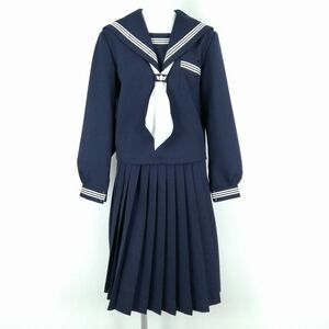 1円 セーラー服 スカート スカーフ 上下3点セット 指定 170A 大きいサイズ カンコー 冬物 白3本線 女子 中学 高校 紺 中古 ランクB NA1288