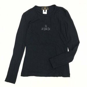 伊製 FENDI フェンディ ヴィンテージ ロゴプリント ストレッチ カットソー 40 黒 ブラック イタリア製 ロンT Tシャツ 女性用 古着 レトロ