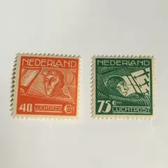 オランダ  航空郵便用切手2種完 未使用 1928