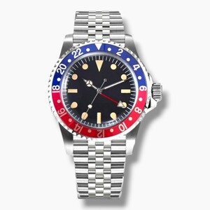 新品 自動巻 MINUTETIME ノーロゴ ヴィンテージデザイン 青赤ベゼル アクリル風防 SEIKO NH34A GMT メンズ腕時計 機械式 