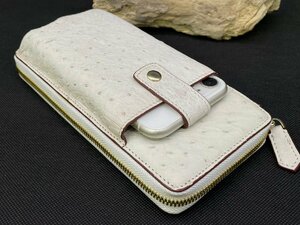 訳あり 内外総オーストリッチ スマホ入れケース 新品 長財布 本物 駝鳥革 ラウンドファスナー 男性用財布 ホワイト