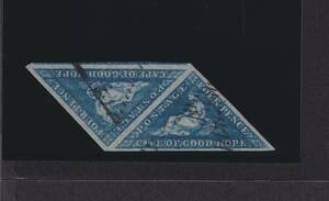 喜望峰　三角切手　平行四辺形ペア　フルマージン　1853 CAPE OF GOOD HOPE, Stanley Gibbons no. 4a , 4d. blue