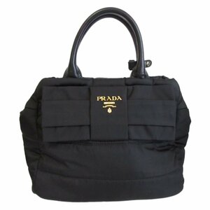 美品 PRADA プラダ リボンボンバー ロゴ ナイロン 2way ハンドバッグ ショルダーバッグ ブラック×ゴールド金具 ◆