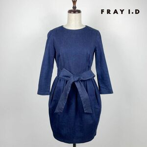 美品 FRAY I.D フレイ アイディー 七分袖デニムフレアワンピース 膝丈 裏地あり ウエストリボン インディゴブルー サイズ0*TB975