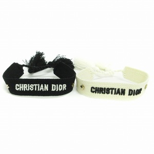 クリスチャンディオール Christian Dior 美品 ミサンガ ブレスレット キャンバス 刺繍 ロゴ 2本セット 白 ホワイト 黒 ブラック アクセサリ