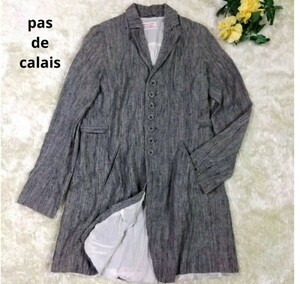 美品　pas de calais パドカレ リネン コットン ロング ジャケット コート 　麻　ギャザー　レディース　　スプリングコート　リネンコート