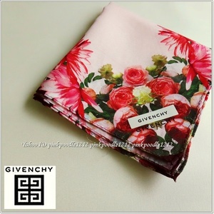 ◆GIVENCHY ジバンシイ 『高級』シルク混 大判 ハンカチ スカーフ◆お花 薔薇 オレンジ～サーモンピンク◆