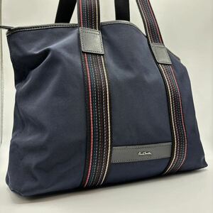 A4/極美品 Paul Smith ポールスミス メンズ ビジネスバッグ トートバッグ マルチストライプ ロゴ レザー 大容量 肩掛け 通勤 紺 ネイビー